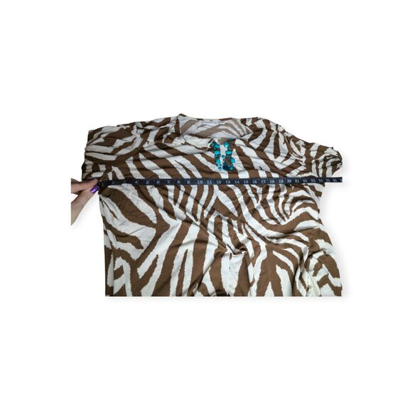 Susan Graver Brown & White Animal Print Long Sleeve Top Turquoise Accent Beads - Picture 12 of 15
